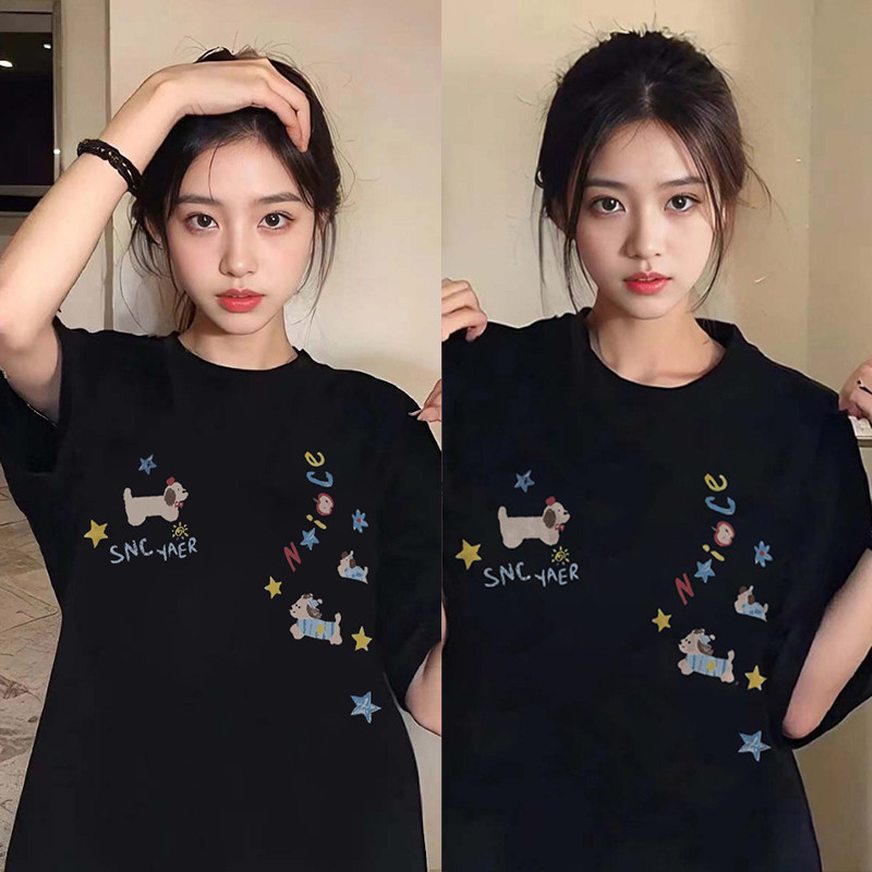 2026时尚 2026อิคเก สไตล์การ์ตูนเกาหลี น่ารักสุนัขพิมพ์ขนาดใหญ่รอบคอถุงเสื้อยืดสีดําสําหรับผู้หญิง ฉัน0