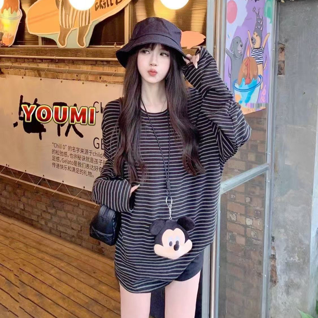 ส่งไวจากไทย เสื้อยืดลําลอง แขนยาว คอกลม ทรงหลวม ลายทาง สไตล์วินเทจ สําหรับสตรี🎀YOUMI