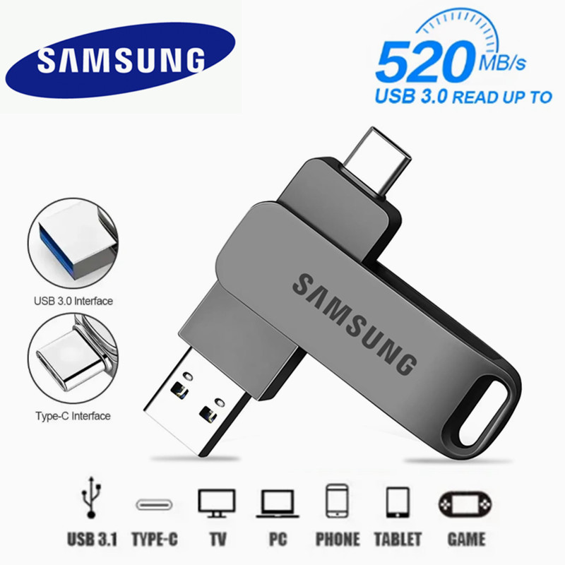 Samsung 2 In 1 Type-C แฟลชไดรฟ์ 64GB 128GB 256GB 512GB 1TB 2TB แฟลชไดรฟ์โลหะความเร็วสูง U Stick สําห