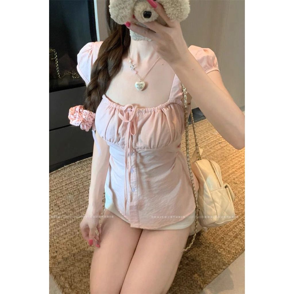 เสื้อผู้หญิงสีชมพู คอสแควร์ กระแทกซิมเพิร์ล แคบเอว สำหรับฤดูร้อน GDD2