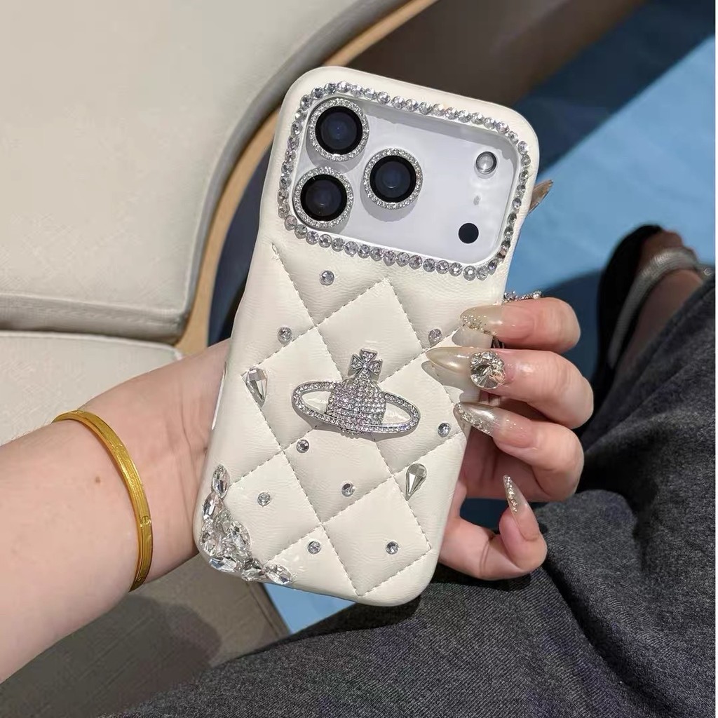 สําหรับ iPhone17 16 16 Pro 16 Pro Max 15 14 13 Pro Max เคสโทรศัพท์ Rhinestone สีขาวหรูหรามีสไตล์