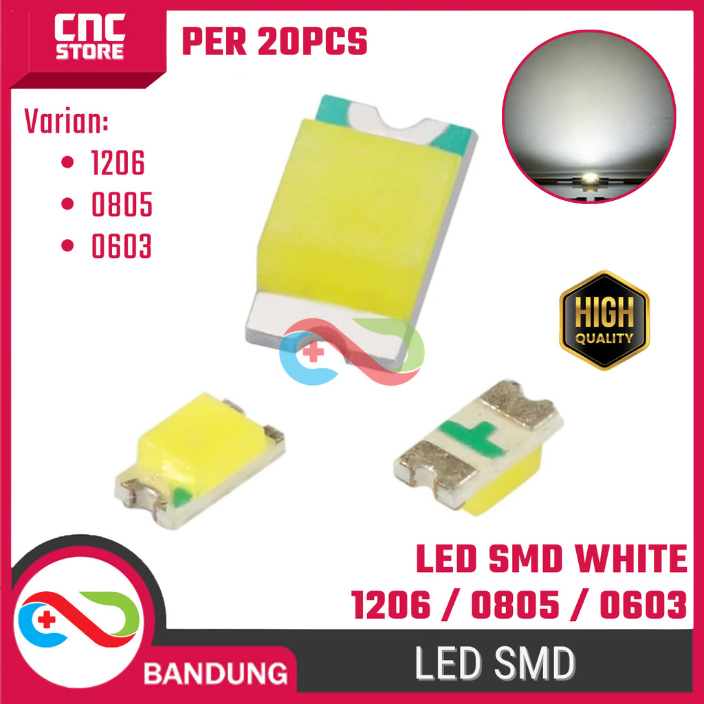 20 ชิ้นสีขาว SMD LED 1206 / 08805 / 0603 – ชิป LED สําหรับ PCB และ DIY โครงการอิเล็กทรอนิกส์
