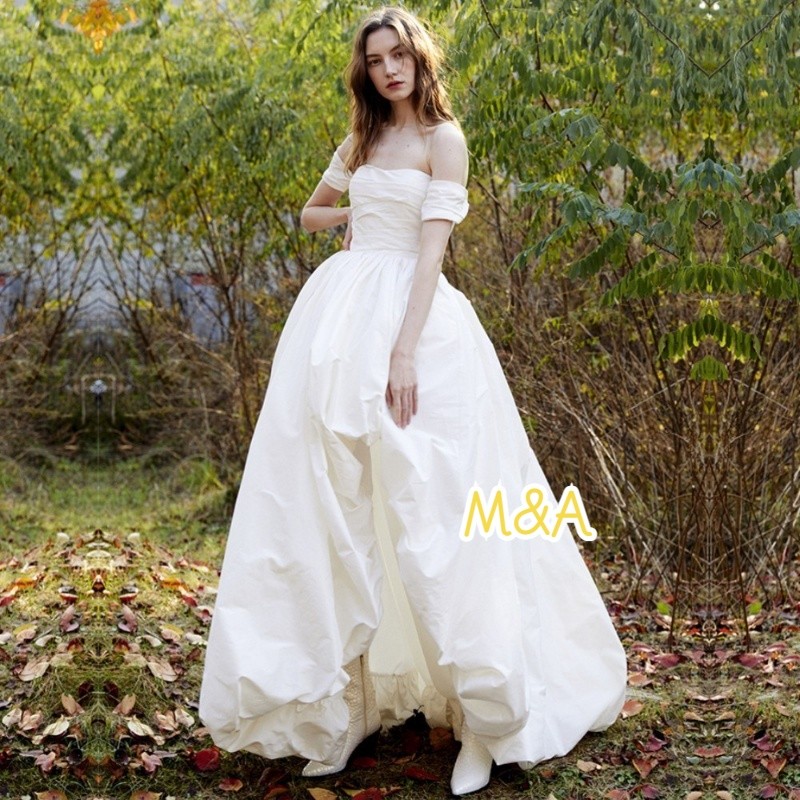 [M & A] Tube Top Retro Taffeta ชุดแต่งงานสั้นด้านหน้า สำหรับงานแต่งงานกลางแจ้ง ทรงเรียวและสวยงาม