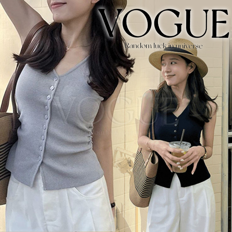 Vogue🌟พร้อมส่ง🌟 เสือแขนกุด ไหมพรมกระดุมแกะได้ เรียบๆ ใส่ทำงานได้ ไปเที่ยวสบาย (V146)