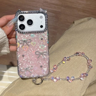 3DลูกปัดBowknot Shellเลเซอร์ + โซ่เพชรหูแมวอะคริลิคเคสโทรศัพท์สําหรับiPhone 17 Pro Max 17 Air 16 Plus 15 14 13 12 11 กันกระแทกป้องกันปลอก