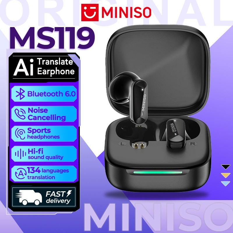 MINISO MS119 หูฟังแปลภาษา AI การแปลหูฟัง Bluetooth 6.0 รองรับการแปลภาษา 134 ภาษา หูฟังสำหรับออกกำลังกาย ระบบตัดเสียงรบกวน เสียงสเตอริโอ Hi-Fi เสียง ASMR มาตรฐานกันน้ำ IPX5