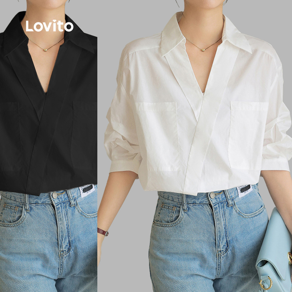 Lovito เสื้อเบลาส์ลำลองฤดูร้อนมีกระเป๋าแบบไม่สมมาตรสำหรับผู้หญิง Lne29139 (สีขาว)