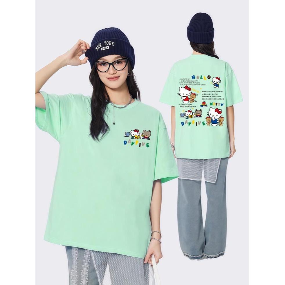 เสื้อผ้าสาวอวบน่ารักๆ คอกลมโอเวอร์ไซส์ OOTD ดีไซน์ดั้งเดิม [HelloKitty] เสื้อยืดคอตตอน 100%ADX0139