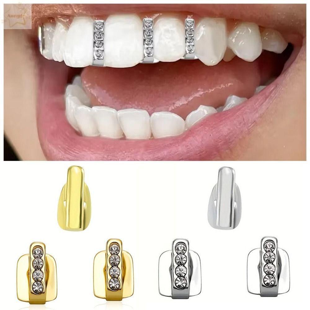 AWNGD 3 ชิ้น Grillz, Shiny Hollow Hip Hop ฟัน Grillz, Rhinestone ฟันหมวกผู้หญิงผู้ชาย