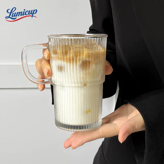 แก้วแก้วใสมีหูจับ 420ml แก้วกาแฟลายริ้ว วางซ้อนกันได้ สไตล์มินิมอล แก้วชา/นม/น้ำผลไม้ ถ่ายรูปสวย