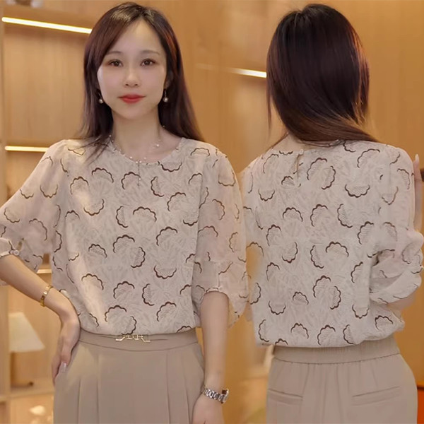Red Berryเสื้อชีฟองคอกลมแขนสามส่วนสำหรับผู้หญิง พิมพ์ลายช่วยให้ดูผอมเพรียว 99395