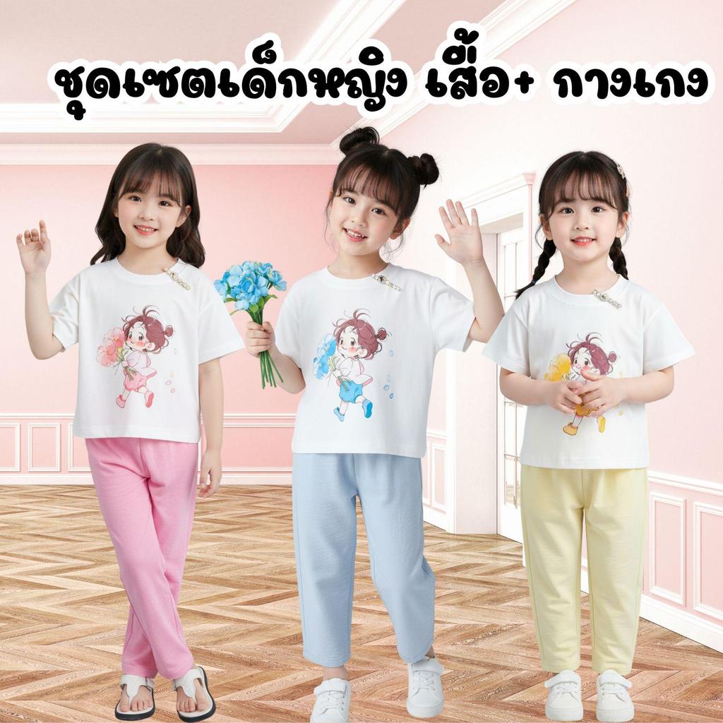 MooDeng Baby ชุดเซตเด็กหญิง ลายเด็กน่ารัก ถือดอกไม้ สีฟ้า เหลือง ชมพู เสื้อ+กางเกง 80-160CM