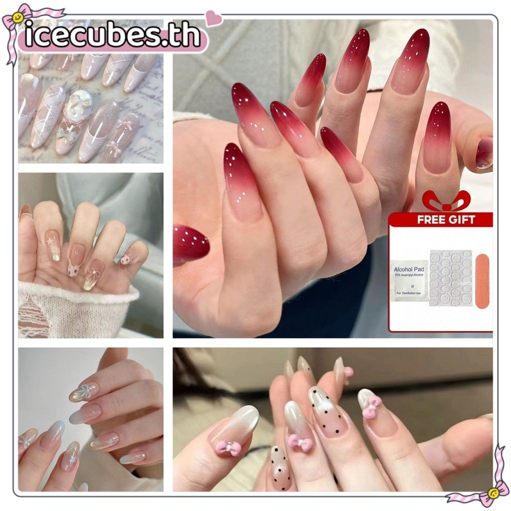 Free GiftPress-on Nails Red Gradient French Dreamy 3D Heart Bowknot Nail Art ﻿