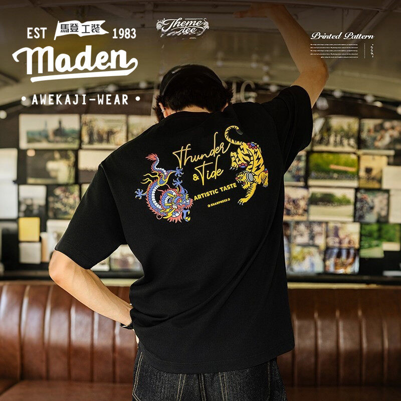 MRA ยี่ห้อ Men 300g Heavyweight ผ้าฝ้ายเสื้อยืดโฟม Dragon Tiger พิมพ์ Yokosuka ลูกเรือคอ Breathable 