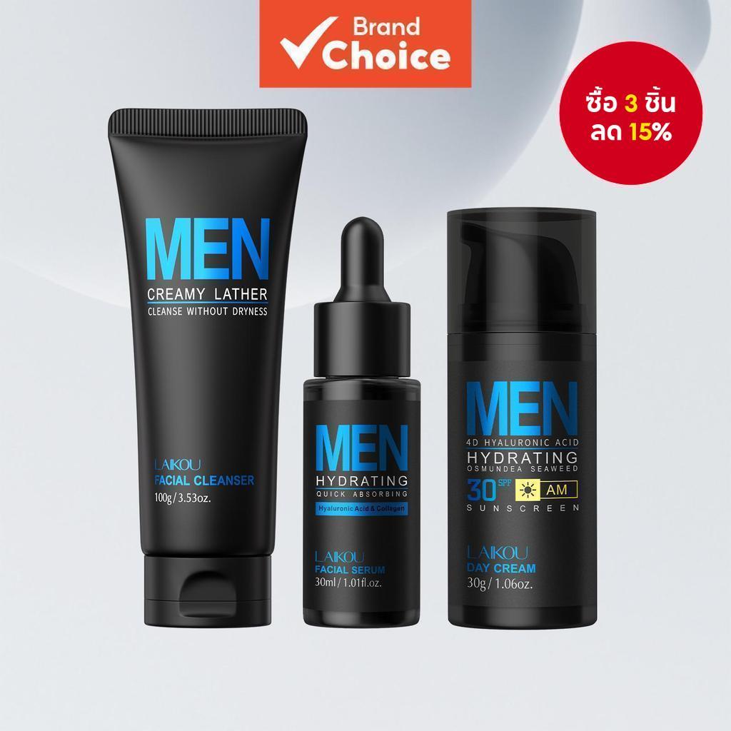 ชุดดูแลผิวหน้าผู้ชาย LAIKON: คลีนเซอร์ล้างหน้า 100 กรัม + เซรั่ม 30 มล. + เดย์ครีมชุ่มชื้น (SPF30) 30 กรัม | ดูแลครบขั้นตอนประจําวัน