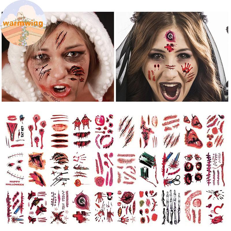 Warmwing 20/30/50 แผ่นฮาโลวีน Terror Wound ชั่วคราว Tattoo กันน้ําที่สมจริง Blood Tattoos การบาดเจ็บ