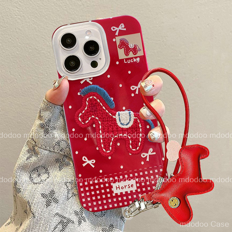 เคส New Year For Mi 15T Pro 14T 13T POCO F8 Ultra C61 X7 X3 NFC M2 redmi A3 Note 14S 13 Pro 12S 12 11S 11 10S 14C 13C 12C 9C 5G 9A 9T 9 8 10A 10C 10 2022 4G Fashion Red Embroidery Polka Point Bowknot Grid Horse Love Short Chain Phone Case Cover YS 78 - รูปที่ 5