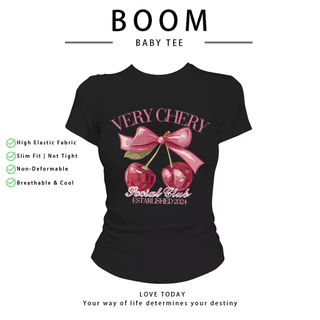 BOOM เสื้อครอปแขนสั้น ลายเชอร์รี่ สไตล์สาวหวาน ผ้ายืดคุณภาพ ใส่สบาย เสื้อยืดผู้หญิงวัยรุ่น แต่งตัวประจำวัน