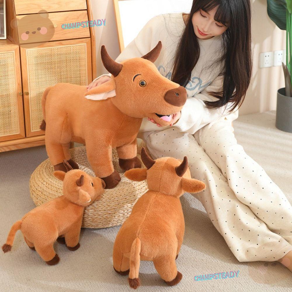 CHAMPSTEADY ตุ๊กตาหูวัว, ของเล่นตุ๊กตาควายนุ่มพิเศษ 25-60 ซม., น่ารักสีทึบจําลองการ์ตูนตุ๊กตาวัวหมอนโต๊ะ