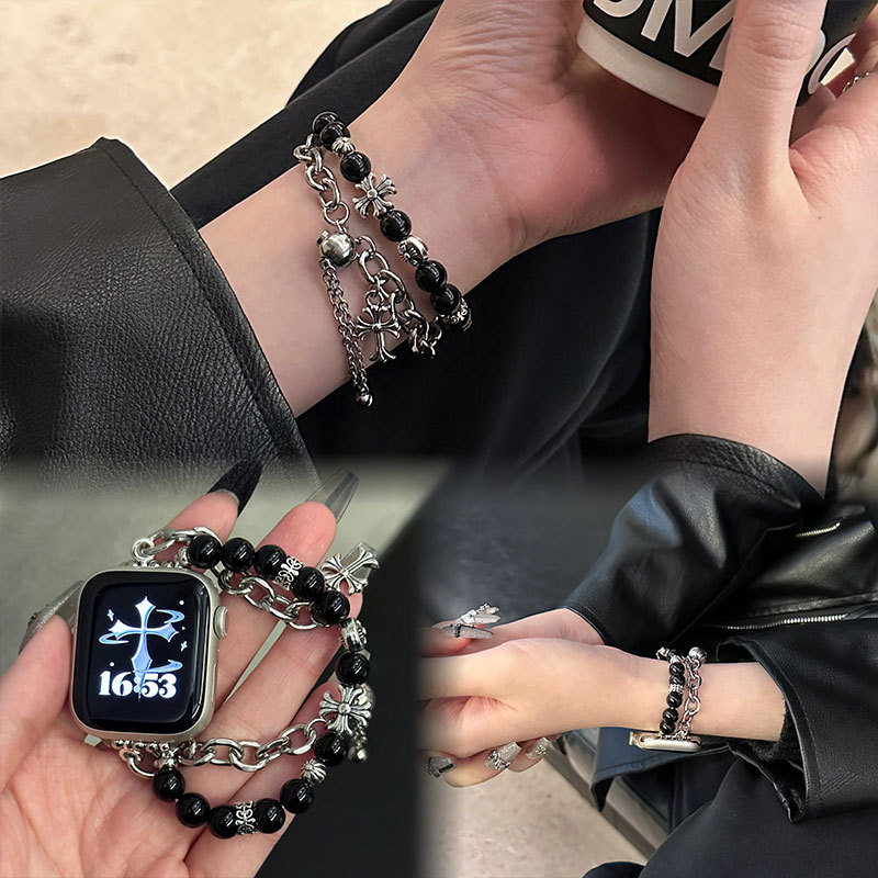 Punk Cat Eye ลูกปัดโซ่โลหะสําหรับ iWatch Series 11 10 9 8 7 6 SE 5 4 46 42 44 45 41 40 38 แฟชั่นยืดสุภาพสตรี สายรัดข้อมือสําหรับ Xiaomi 9 8 Pro