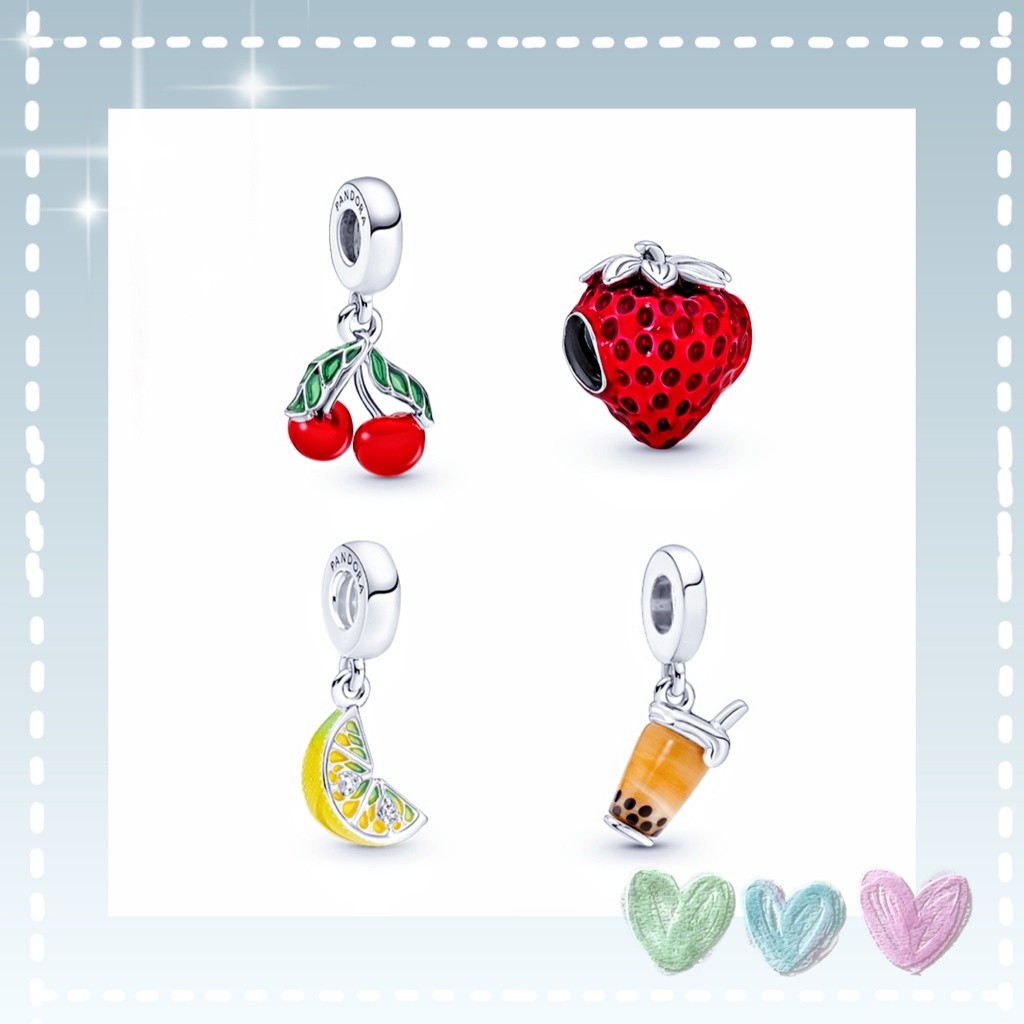 JT1 925 เงิน Strawberry Cherry Lemon Bubble tea ผลไม้ Charm Pendant