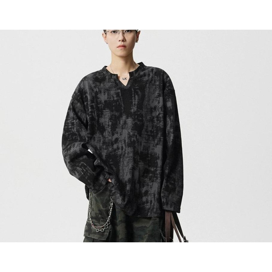 56 MEN Long-sleeve T-shirt WY29 เสื้อยืดแขนยาว ลายมัดย้อม คอวี เสื้อยืดทรงหลวม สไตล์วินเทจ ขาว ดำ M-3XL