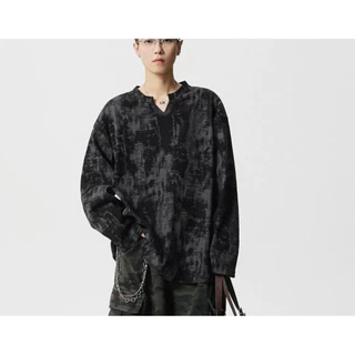 56 MEN Long-sleeve T-shirt WY29 เสื้อยืดแขนยาว ลายมัดย้อม คอวี เสื้อยืดทรงหลวม สไตล์วินเทจ ขาว ดำ M-3XL