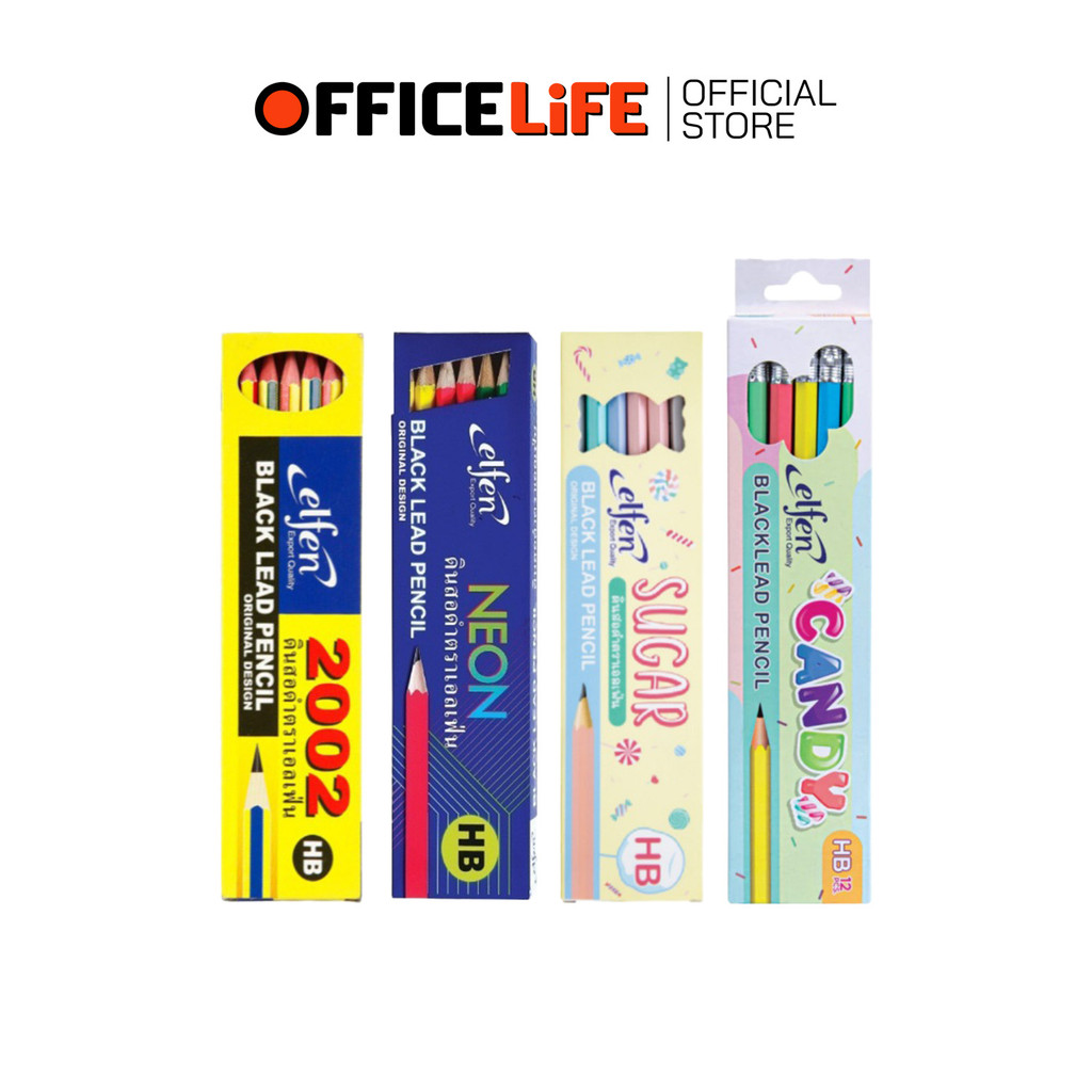 Elfen (เอลเฟ่น) ดินสอไม้ ดินสอดำ ดินสอ รุ่น 2002 / NEON / SUGAR / CANDY ความเข้ม HB และ 2B (12 ด้าม 