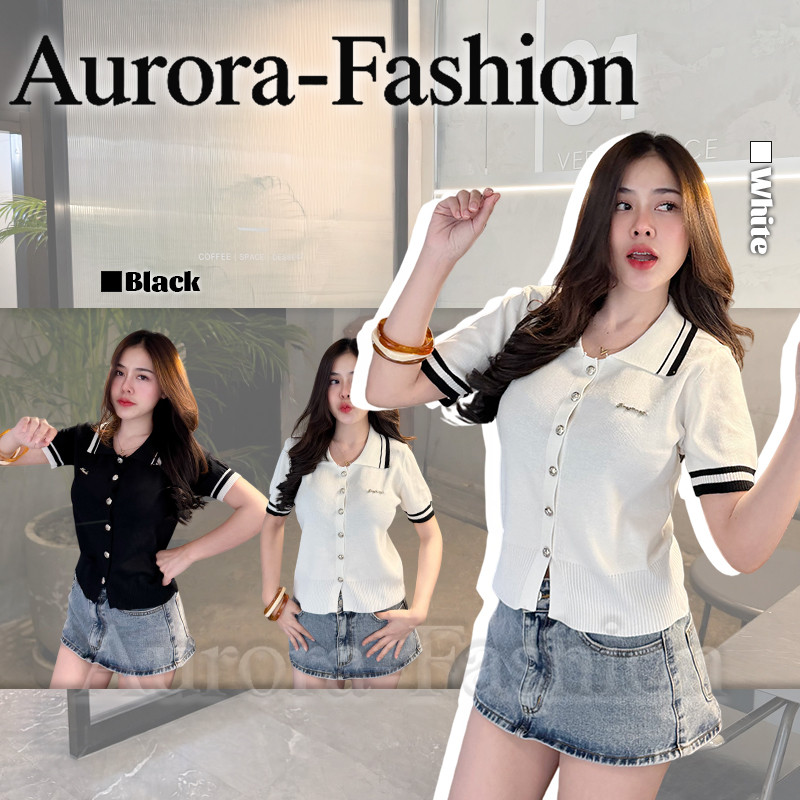 Aurora พร้อมส่ง  (รูปถ่ายจากงานจริง) เสื้อครอปแขนสั้น คอปกสีพื้น ใส่สบายยืดพอดีน่ารัก