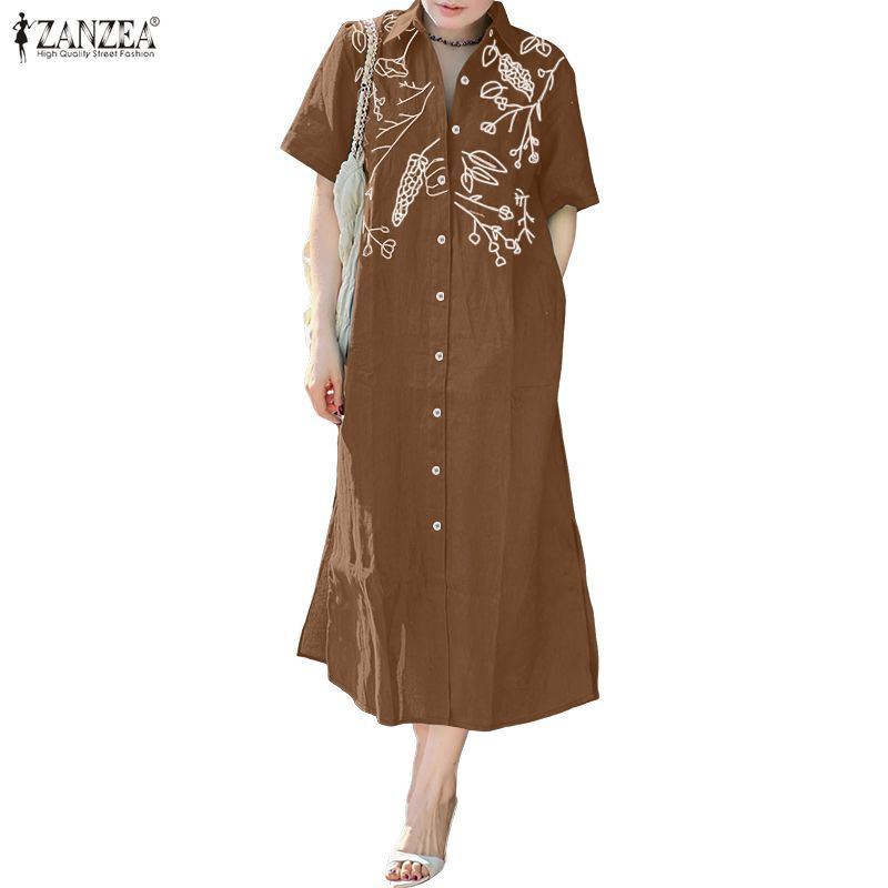 ZANZEA การพิมพ์ปุ่มหลวมสบาย ๆ ผู้หญิงเกาหลีพร้อมชุดเดรสกระเป๋า