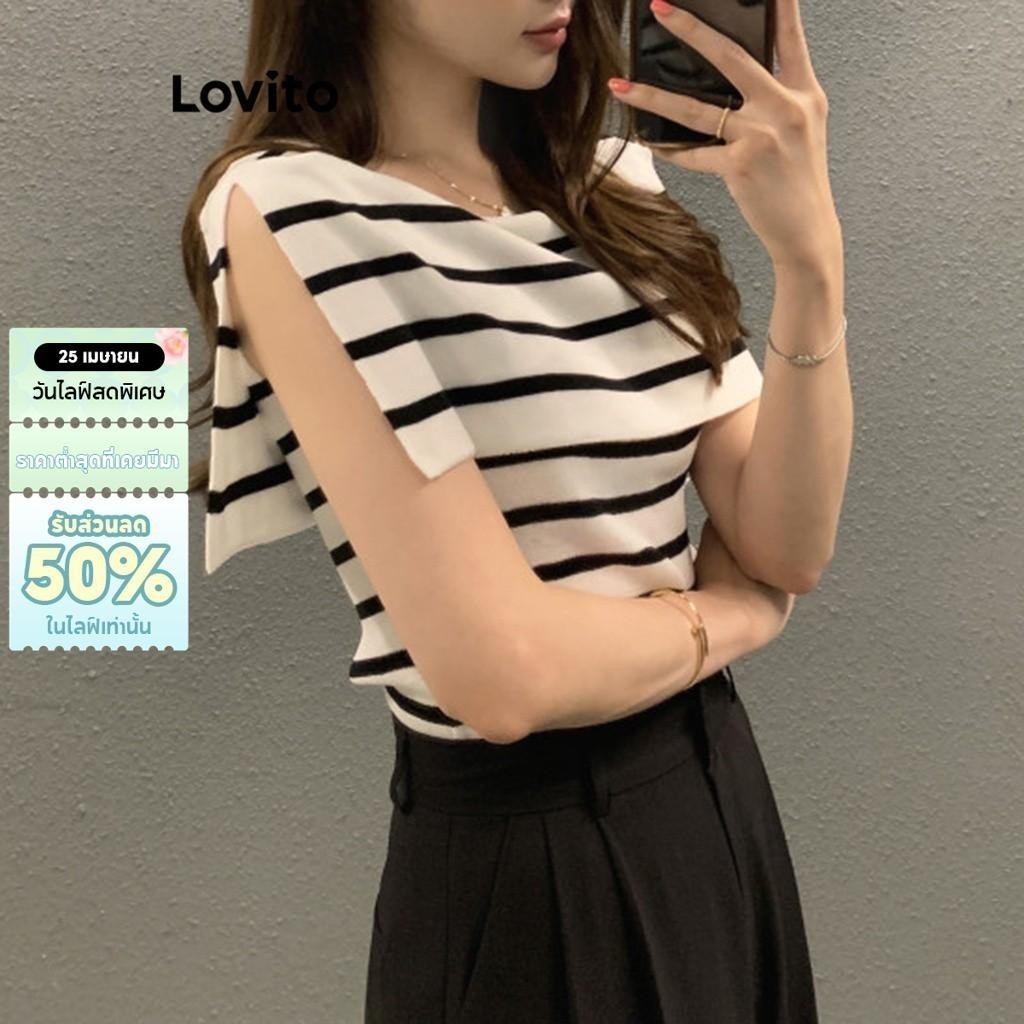 Lovito เสื้อยืดลําลองเสื้อยืดไหล่เย็นลายทางสําหรับผู้หญิง LNA21258 (หลากสี)