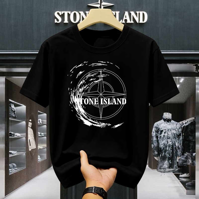 STONE ISLAND คอตุน หินเกาะสไตล์พิมพ์โลโก้เข็มทิศและเสื้อยืดผ้าฝ้ายแท้พรีเมี่ยมสายผลราคาไม่แพงหนาผ้าฝ