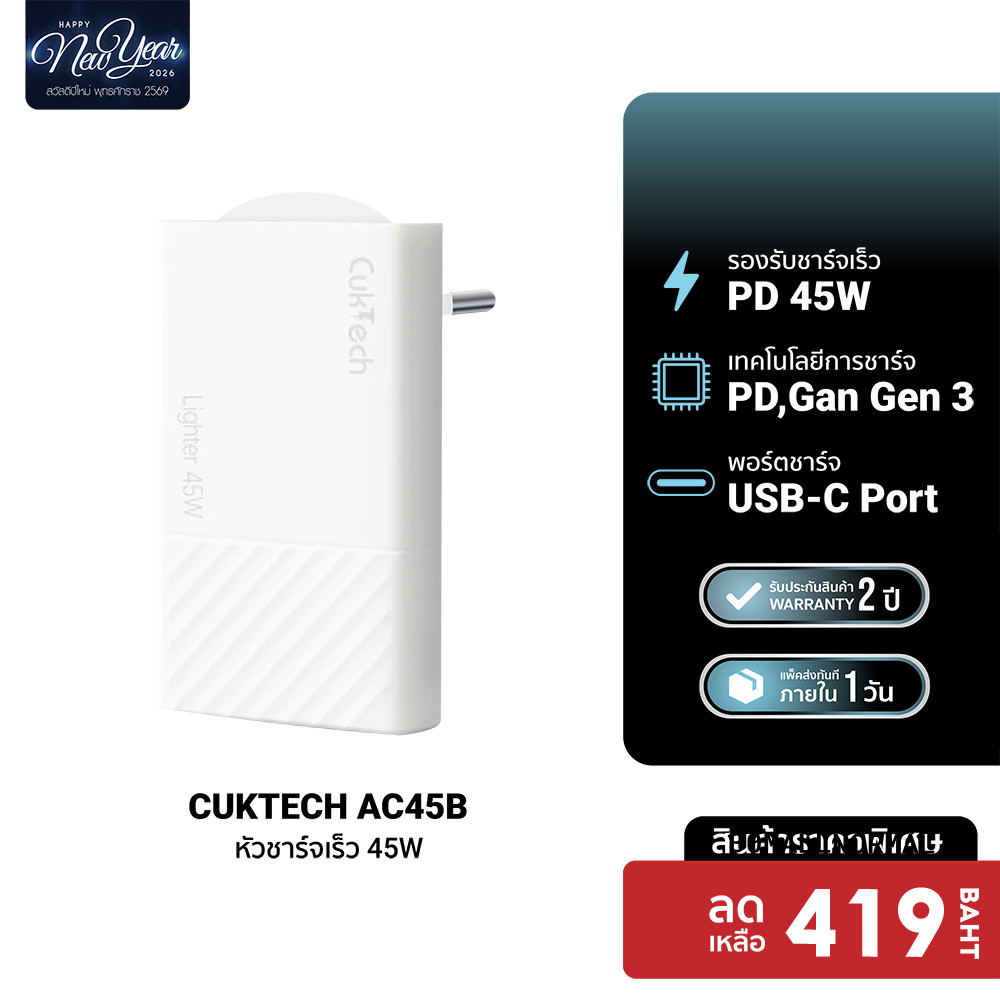 [ลดเหลือ 419] CUKTECH AC45B GaN 45W หัวชาร์จ USB-C เล็กที่สุด สำหรับ iPhone iPad ระบบป้องกัน 8 ชั้น 