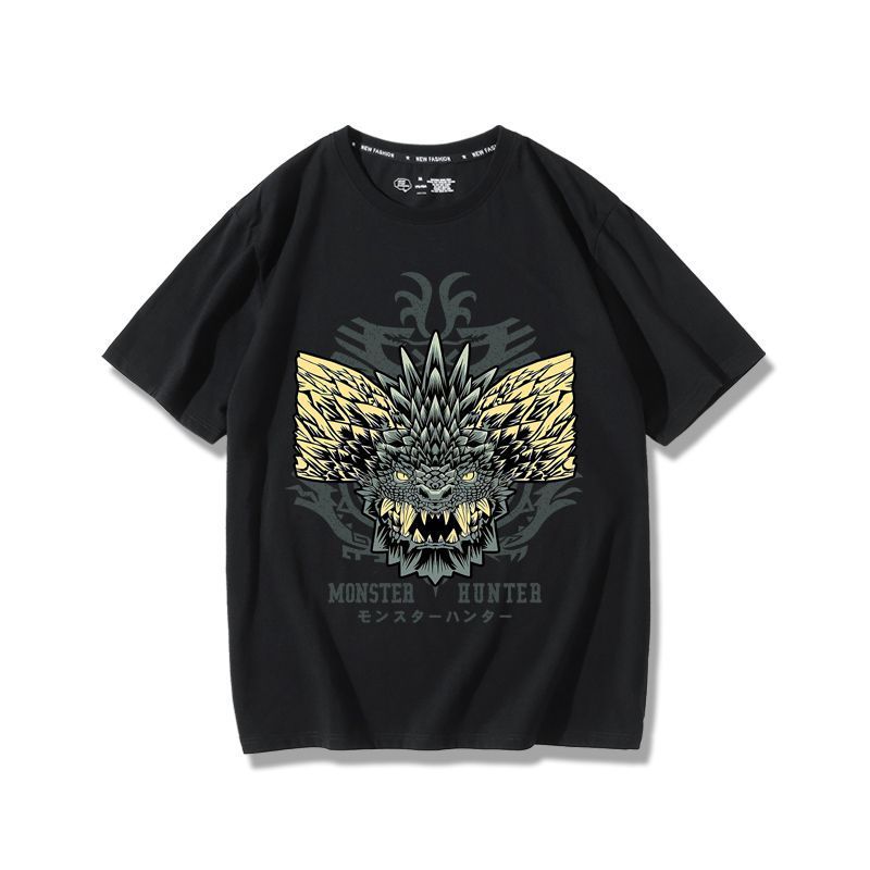เสื้อยืดMonster Hunter Rise สีดำ พิมพ์ลายมังกรจากเกมญี่ปุ่น เหมาะสำหรับคนชอบแฟชันและเกม - รูปที่ 3