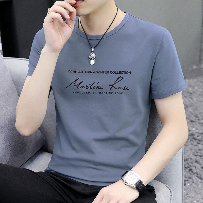 เสื้อยืดผู้ชายสไตล์เกาหลี แขนสั้น แบบครึ่งคอ สวมใส่สบายในฤดูร้อน พร้อมลายพิมพ์ปลาค็อดVNQ