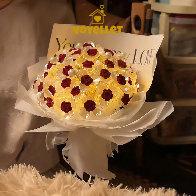 ของขวัญวันวาเลนไทน์ DIY กุหลาบมุกเทียมพร้อมชุดทำ LED ชุดงานฝีมือช่อกุหลาบแดง 52 ดอกVoyellet - รูปที่ 3
