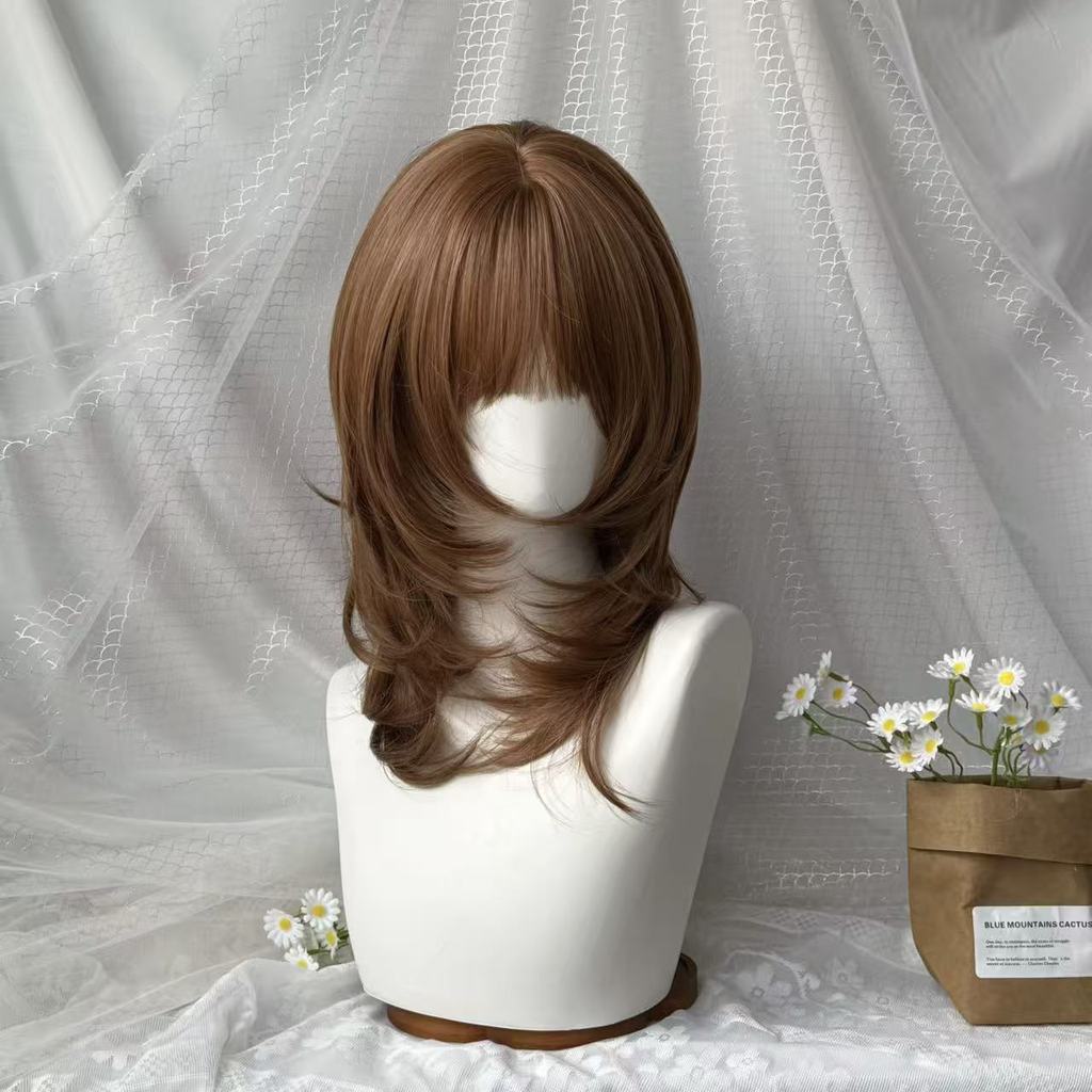 วิกผมหญิงสไตล์ญี่ปุ่นสีส้มและน้ำตาล ทรงผมยาวตรงสำหรับวันธรรมดาหรืองานพิเศษ แบบโลลิต้า