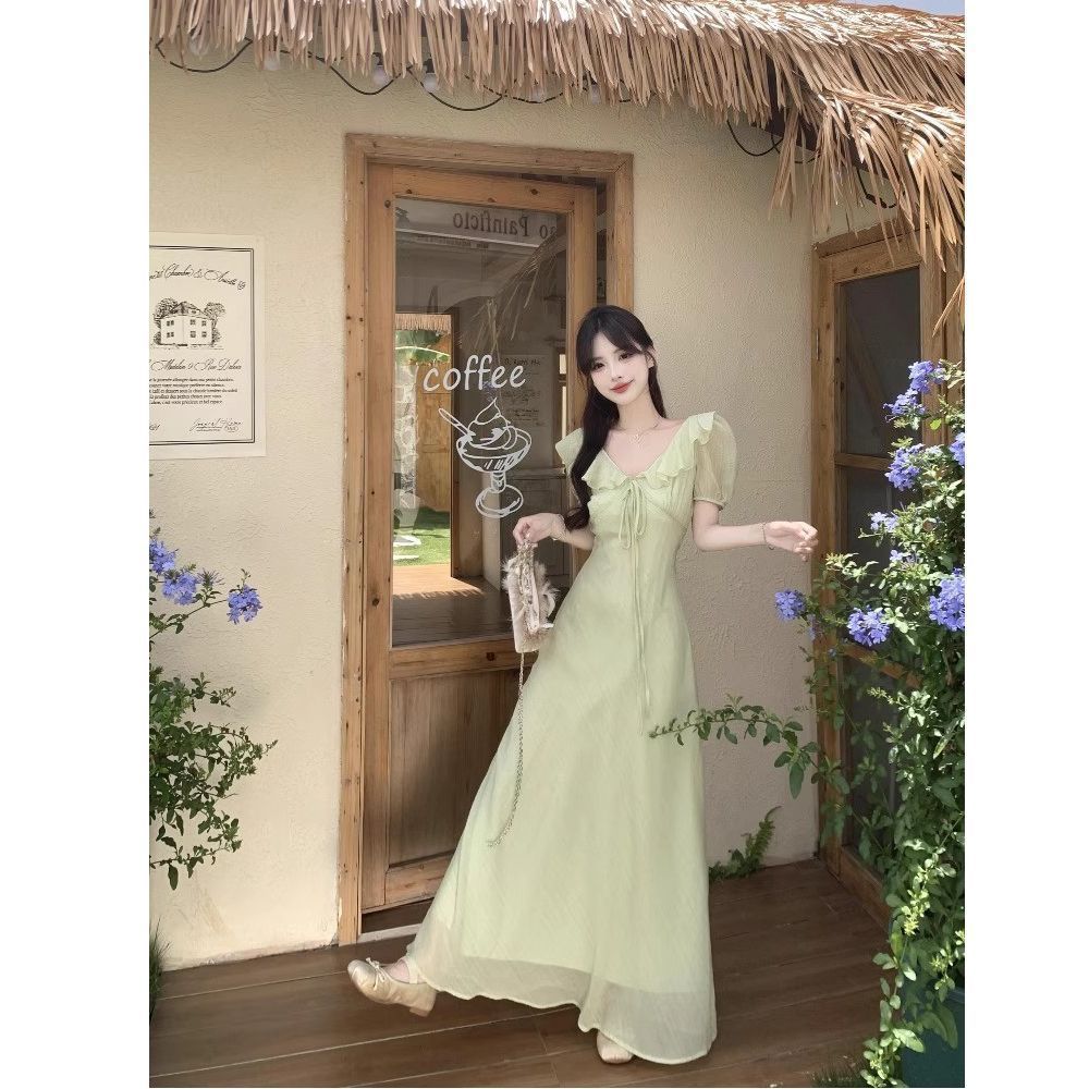 'เทศกาล ชุด' - เดรสแขนบอลลูน เดรสคอเหลี่ยม เดรสทํางาน ชุดออกงาน ชุดทํางาน RTW สีเขียวและสีม่วง