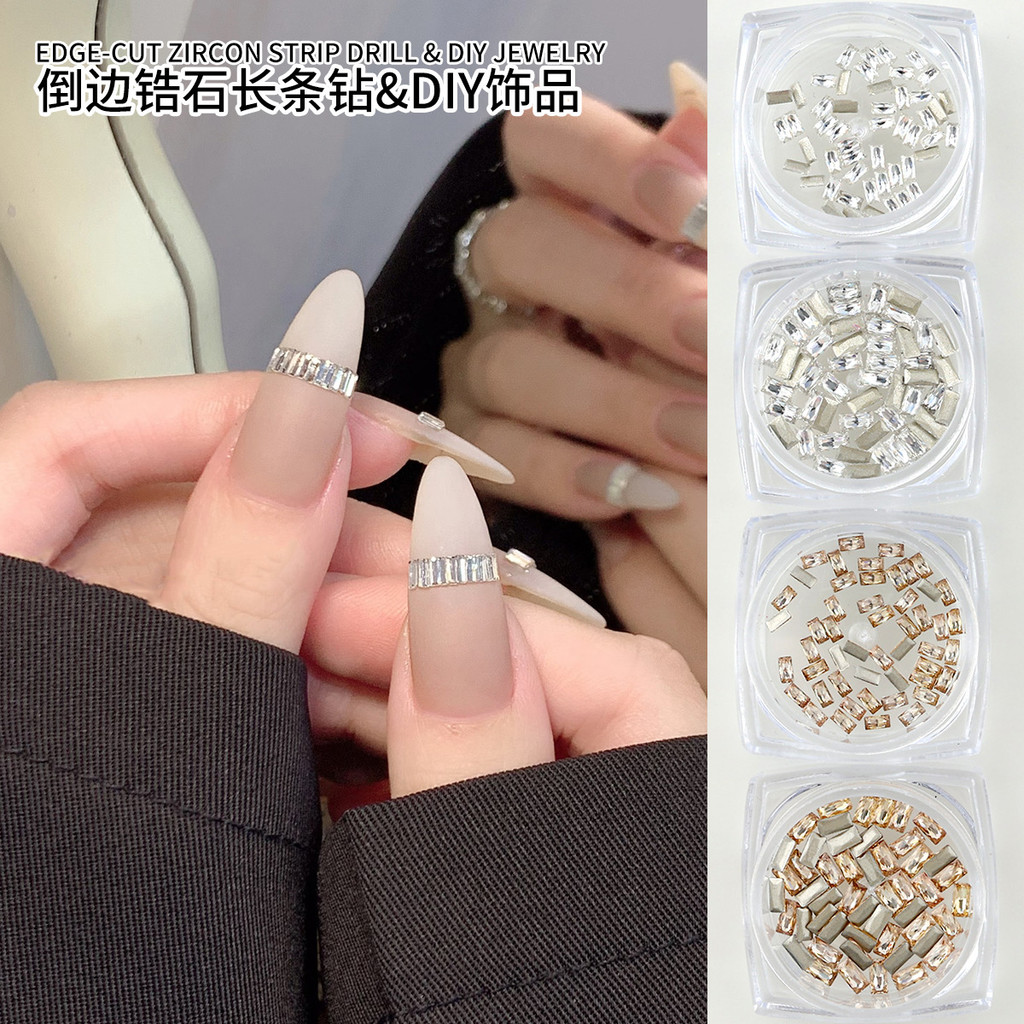 50 ชิ้นชนิดบรรจุกล่อง Chamfered ยาวZirconเล็บเพชรStrobe MiniแชมเปญZirconฟรีDiyเล็บเพชร