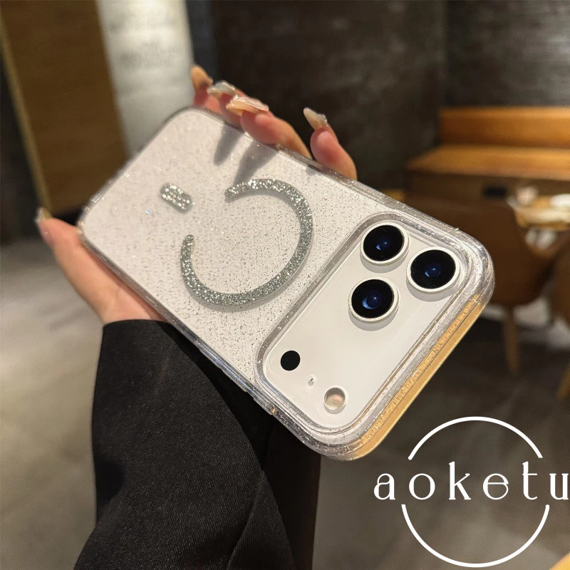 แหวนแม่เหล็กแวววาวขั้นสูงและหรูหราเหมาะสําหรับเคสโทรศัพท์ Apple 17promax iPhone 16promax/15pro เคสป้องกันการตกกระแทกแบบโปร่งใส