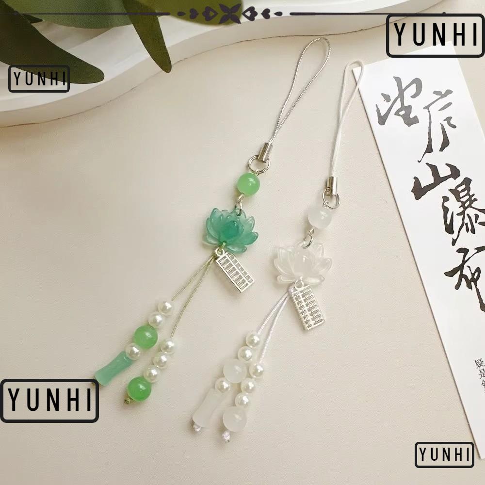 YUNHI จี้ดอกบัวลูกปัด พวงกุญแจวินเทจบุคคลิกจีน อุปกรณ์เสริมสำหรับกระเป๋า