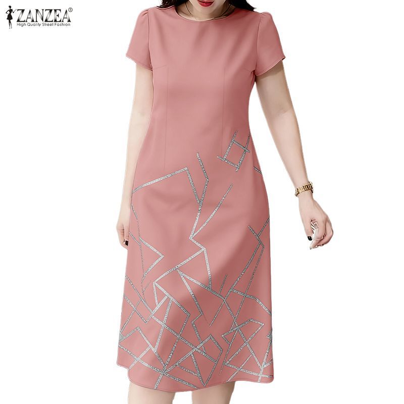 ZANZEA ชุดเดรสคอกลมแขนสั้น พิมพ์ลายสำหรับปาร์ตี้ สไตล์ midi