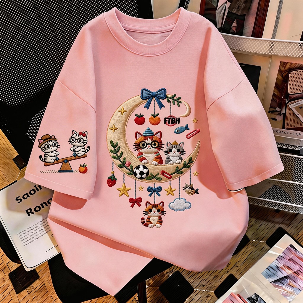 TEE·SHOP🍀 เสื้อยืด oversize เสื้อเท่ๆ เกาหลี "Moon Cat" เสื้อแฟชั่นใ เกาหลีสไตล์ พิมพ์ลาย ผ้านิ่มใส่สบาย COD