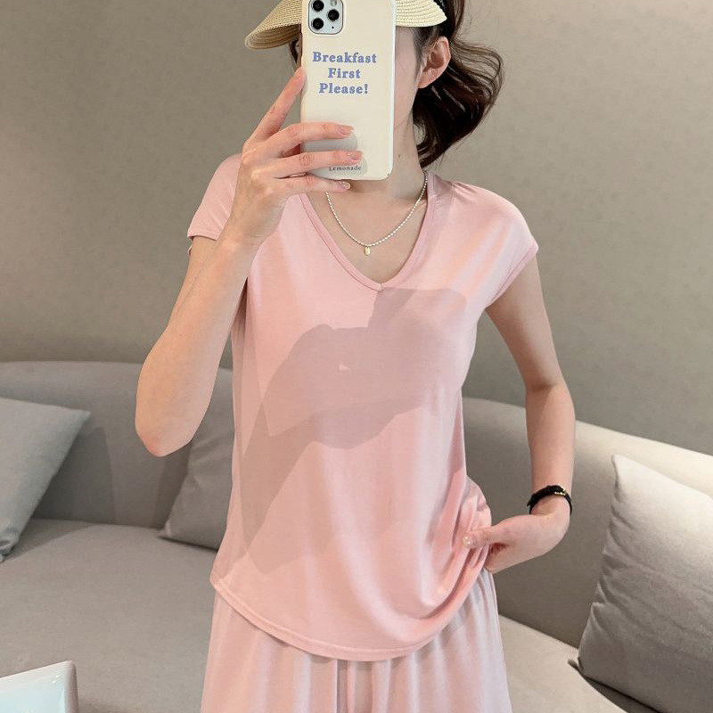 เสื้อยืดแขนกุดผู้หญิงฤดูร้อนเสื้อขนาดเล็กเกาหลีรุ่นหลวมSlimmerดูBottomingเสื้อแฟชั่นAll-Match Vคอด้า