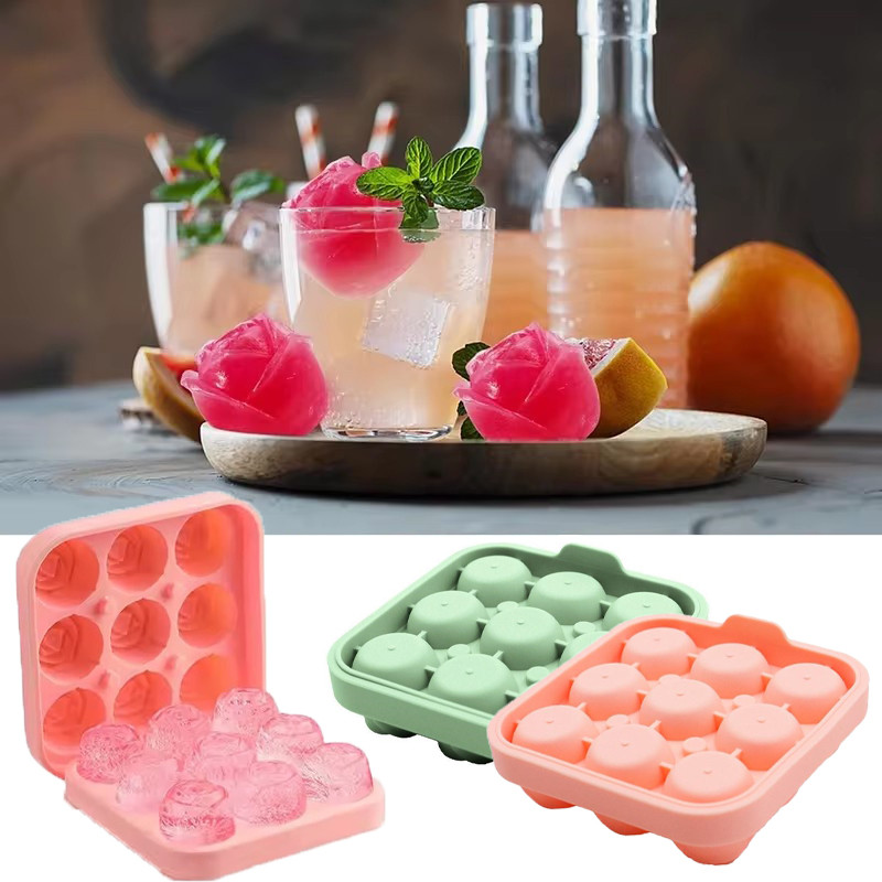 ซิลิโคนนุ่ม Easy Demould นํากลับมาใช้ใหม่ได้ 9 กริด Rose ICE Mould - ประณีต 3D ดอกไม้รูปร่างตู้เย็นแ