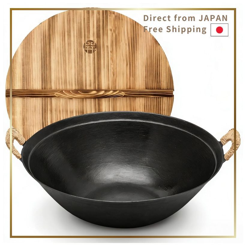 Wangyuanji Cast Iron Wok 32cm Deep Double Handle Stir Fry Pan With Lid Sukiyaki Pot IH Gas Compatibl
