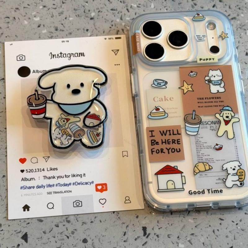 เคสน่ารัก เกาหลี Ins กาแฟขนมหวาน Puppy Cat สติกเกอร์รูปแบบขาตั้งกาวถุงลมนิรภัยป้องกันกันกระแทกป้องกันกล้องสําหรับ iPhone 17 Pro Max 16 Pro 15 14 Pro