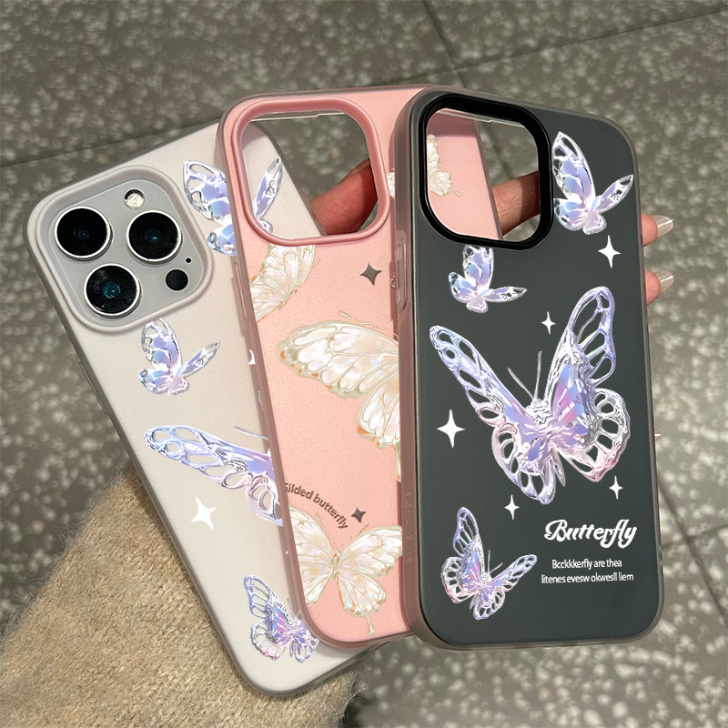 เข้ากันได้กับ iphone 16 Pro Max 15 เคสผีเสื้อแก้วสีสันสดใส 11 12 13 14 Pro 7 8 Plus X XR XS Max โทรศ