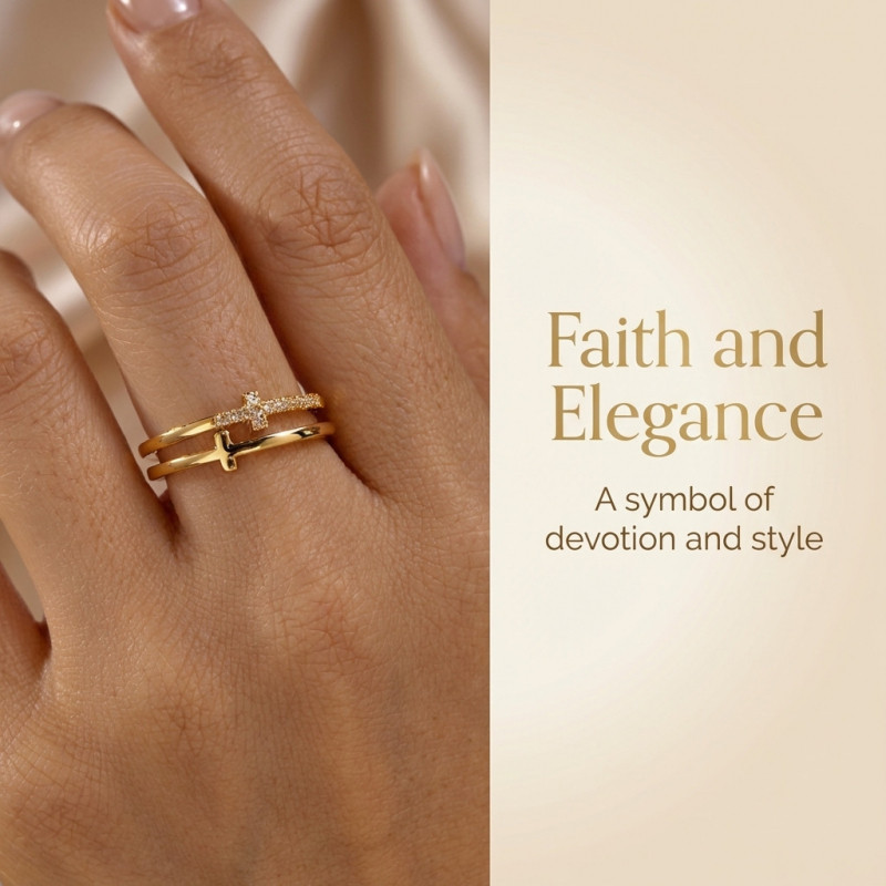 Cubic Zirconia & Gold CopperTrendy Double Layer Cross Ring Stacked Illusion Openwork Pave CZ Wide Band ราคา ถูกที่สุด ดีลบีเคเค