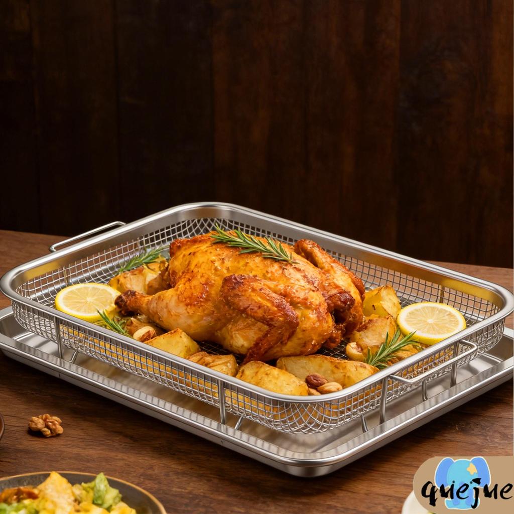 2 ชิ้นสแตนเลส Air Fryer ตะกร้า Pan ขนาดใหญ่พิเศษ Crisper ถาดสําหรับอบ Fries เบคอนไก่ 13.58 x 9.65 นิ